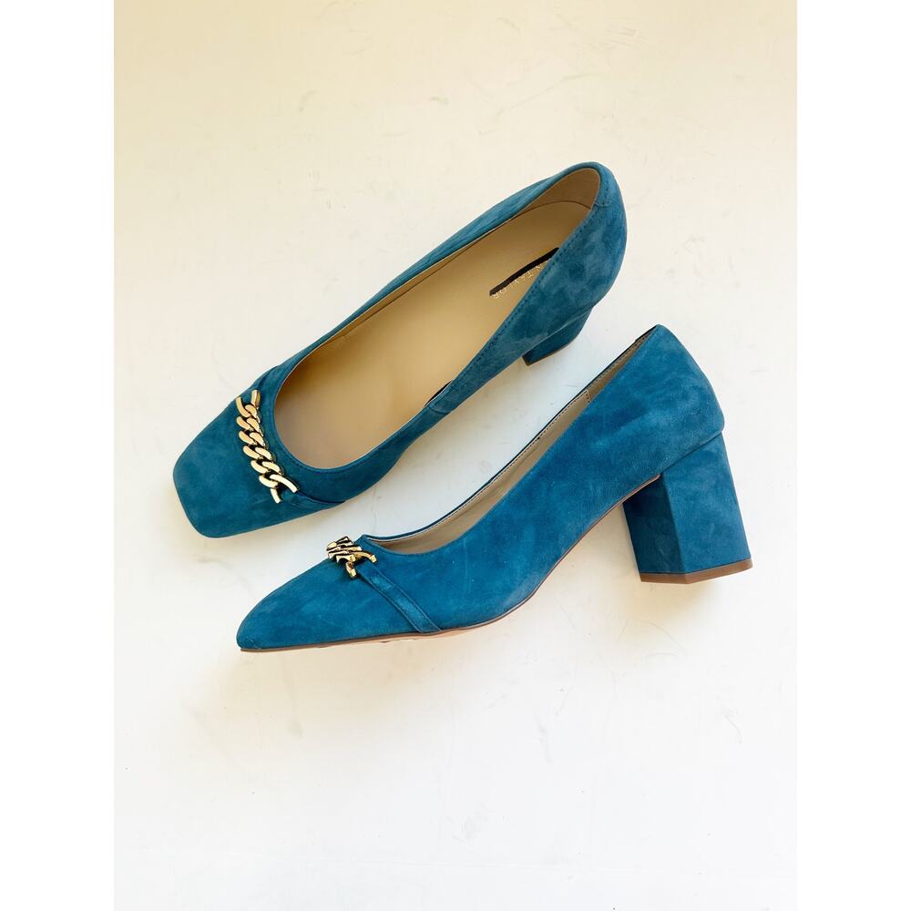 NWOB Ann Taylor Chain Block Heel Pumps In Teal Blue Gold Chain 8.5